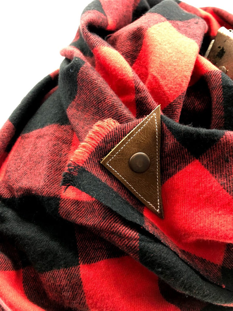Black & Red Buffalo Check Blanket Scarf with Leather Detail