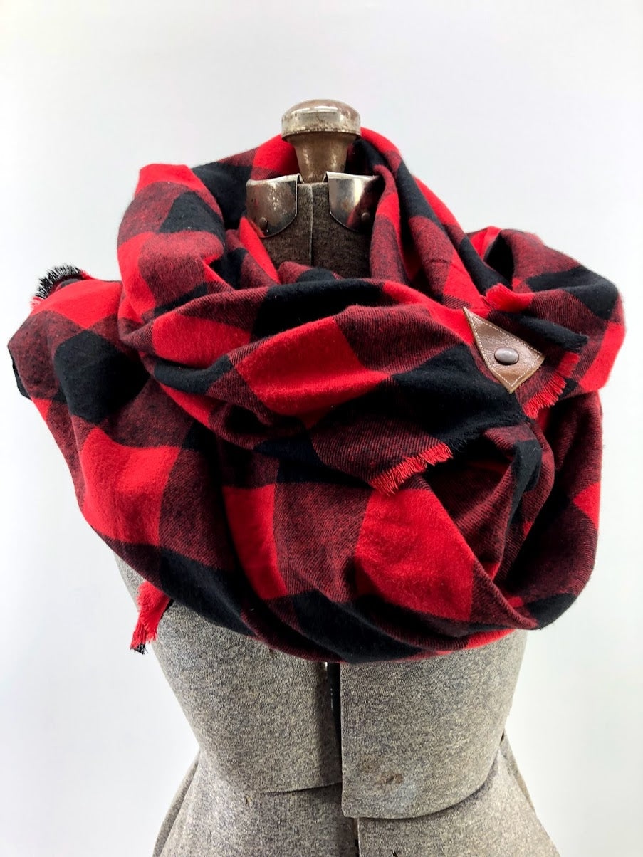 Black & Red Buffalo Check Blanket Scarf with Leather Detail