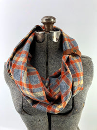 Gray & Rust Plaid Eternity Scarf with a Leather Cuff