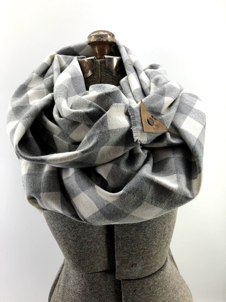 Gray & Cream Buffalo Check Blanket Scarf with Leather Detail