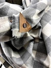 Gray & Cream Buffalo Check Blanket Scarf with Leather Detail