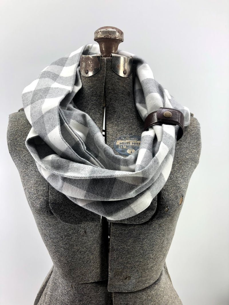 Gray & Cream Buffalo Check Eternity Scarf with Leather Cuff