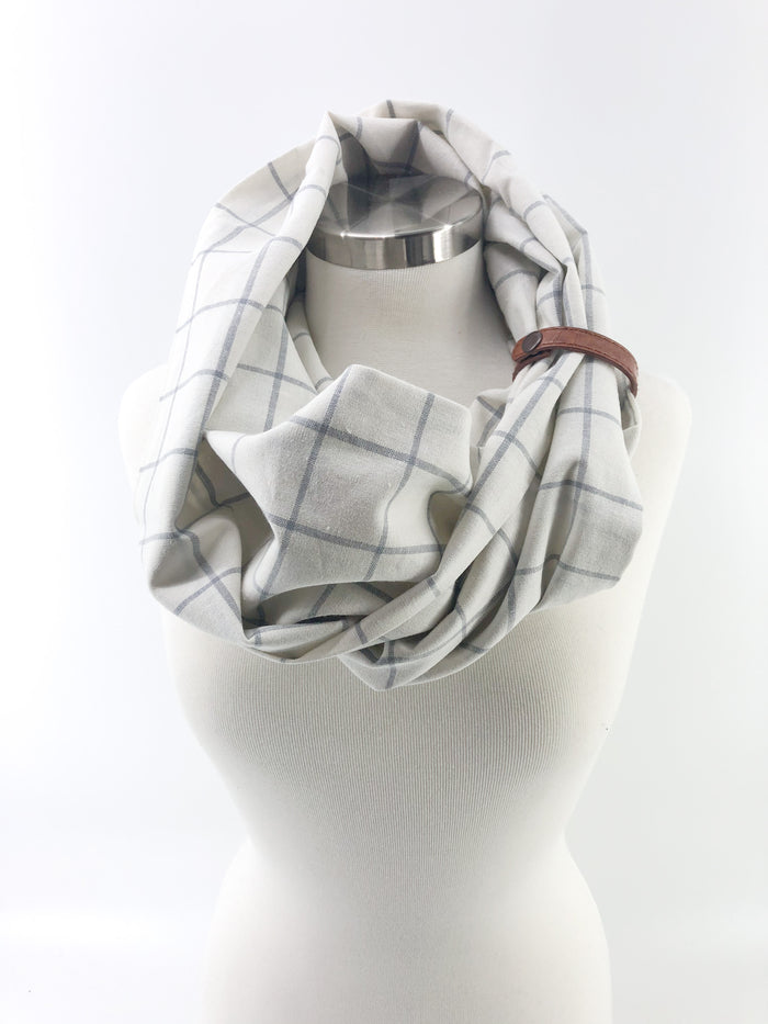 White Windowpane Summer Eternity Scarf with a Leather Cuff