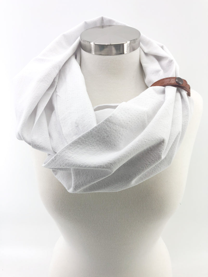 White Seersucker Eternity Scarf with a Leather Cuff