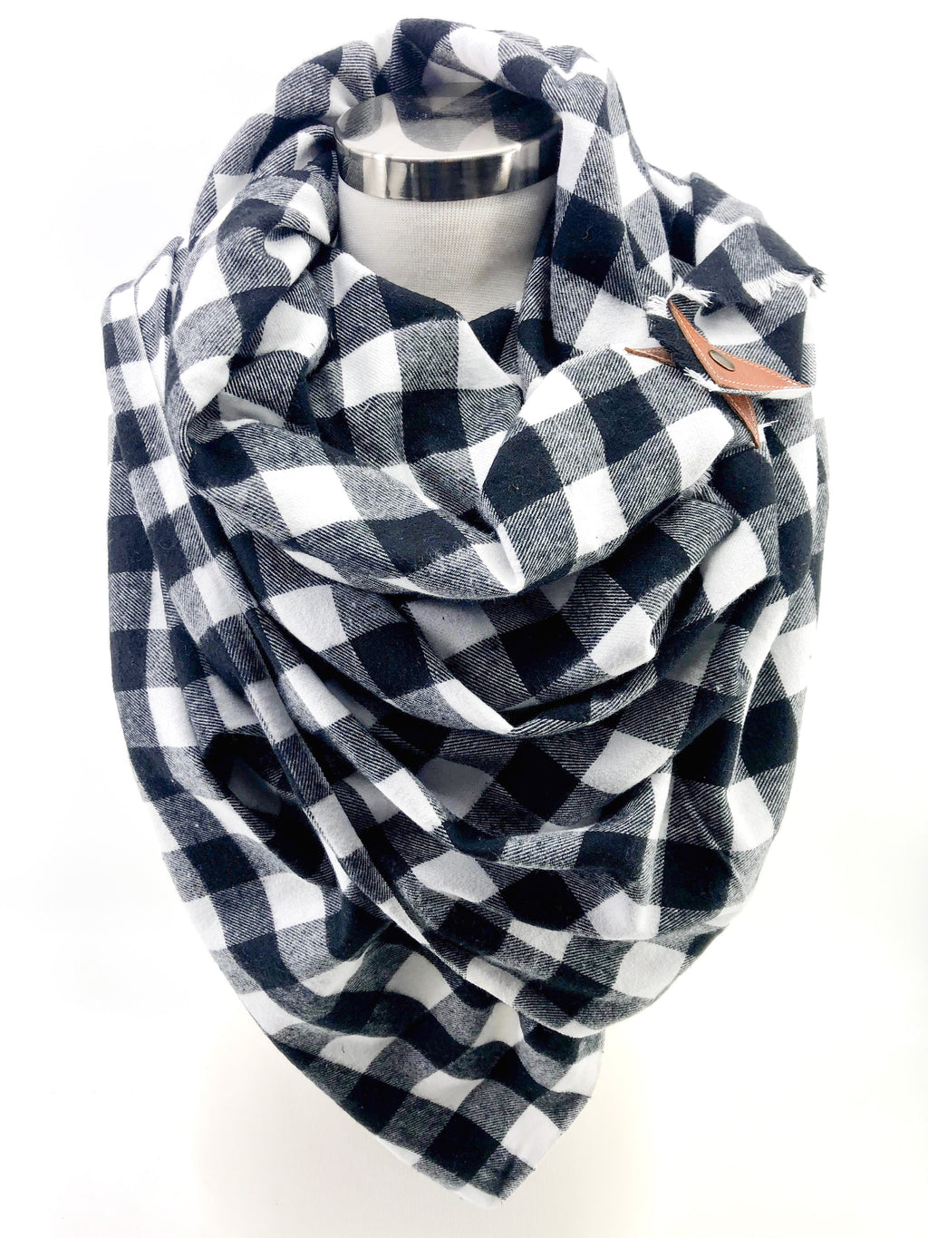 Black & White  Buffalo Check Blanket Scarf with Leather Detail