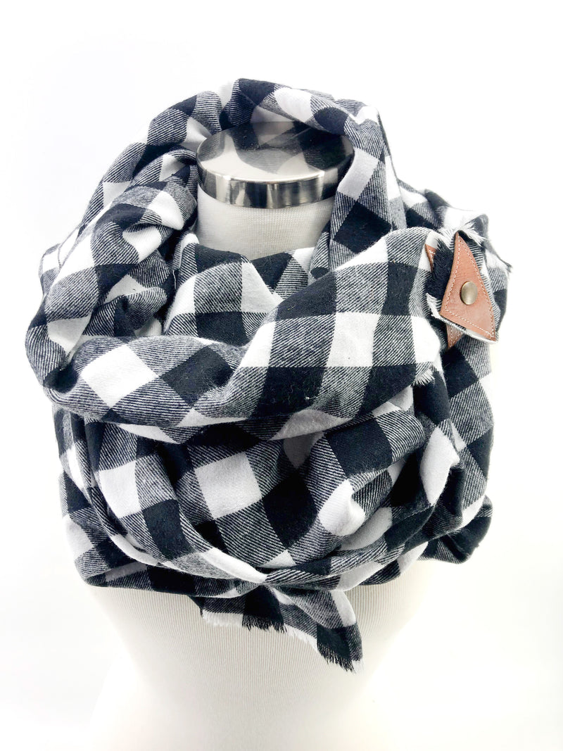 Black & White  Buffalo Check Blanket Scarf with Leather Detail