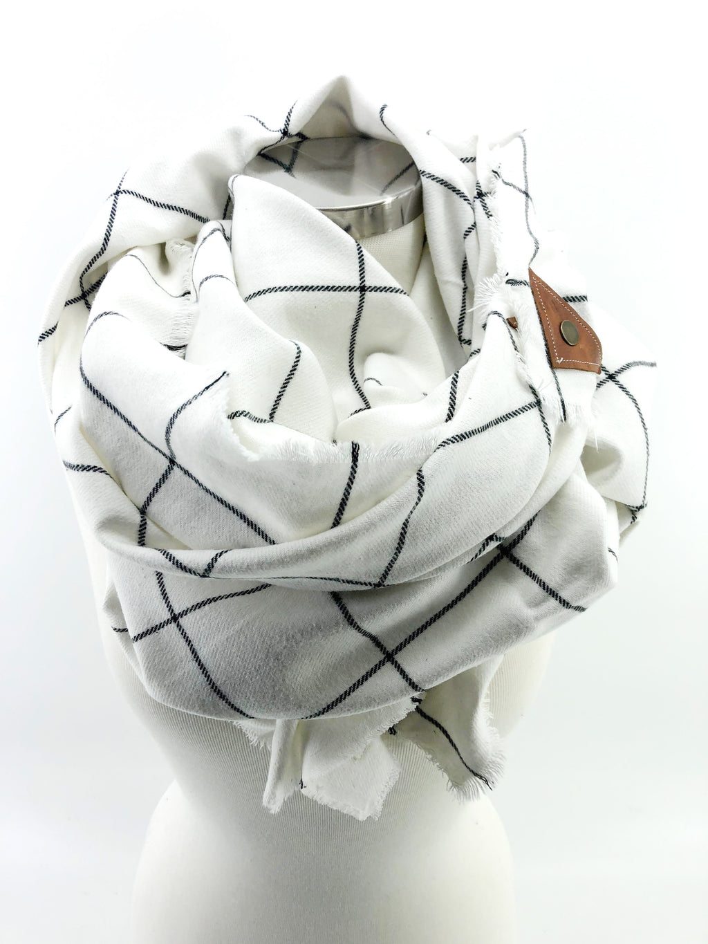 White and Black Windowpane Plaid Blanket Scarf with Leather Detail