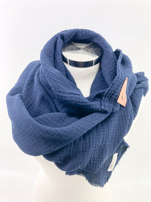 Navy Gauze Blanket Scarf with Leather Detail