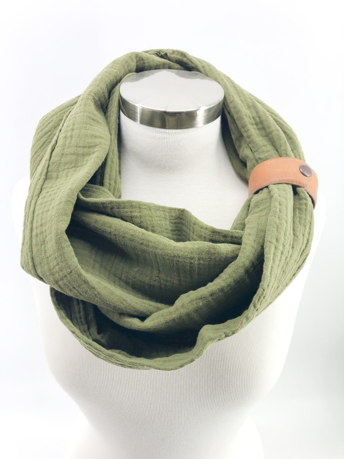 Olive Gauze Eternity Scarf with a Leather Cuff