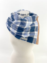Navy & Light Blue Plaid Multi Snap Scarf with Leather Snaps