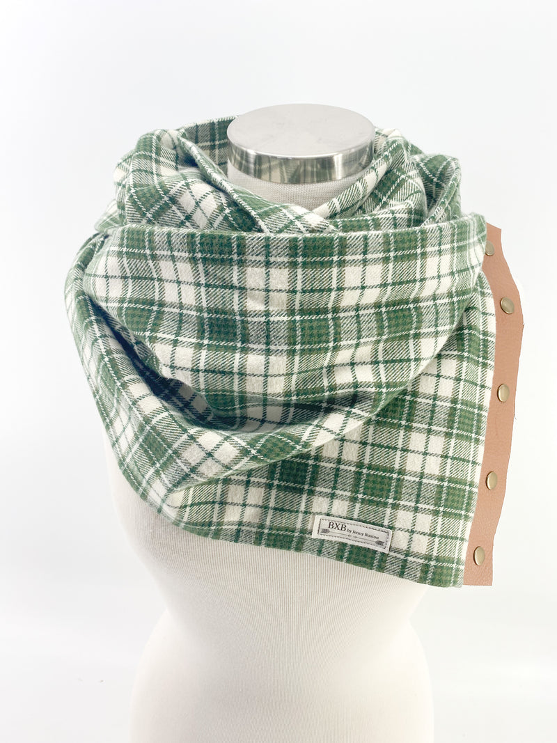 Soft Green Plaid Multi Snap Scarf with Leather Snaps