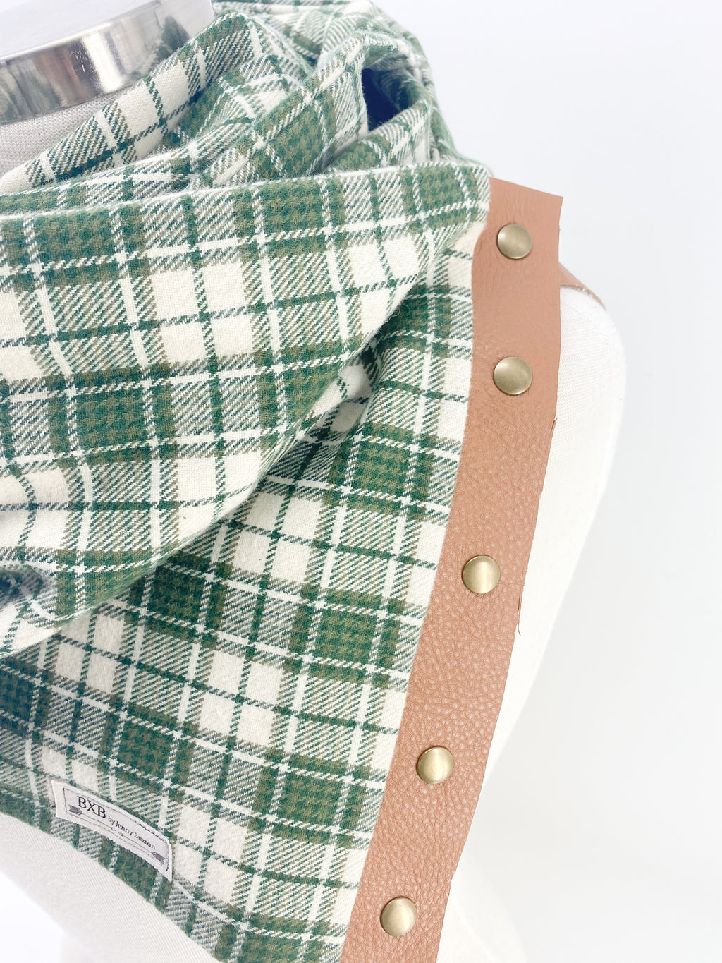 Soft Green Plaid Multi Snap Scarf with Leather Snaps