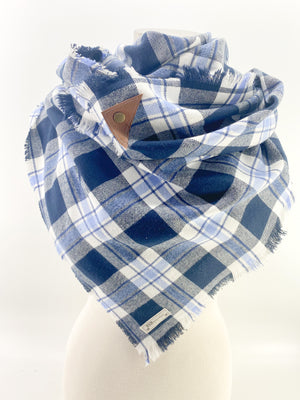 Navy & Light Blue Plaid Blanket Scarf with Leather Detail