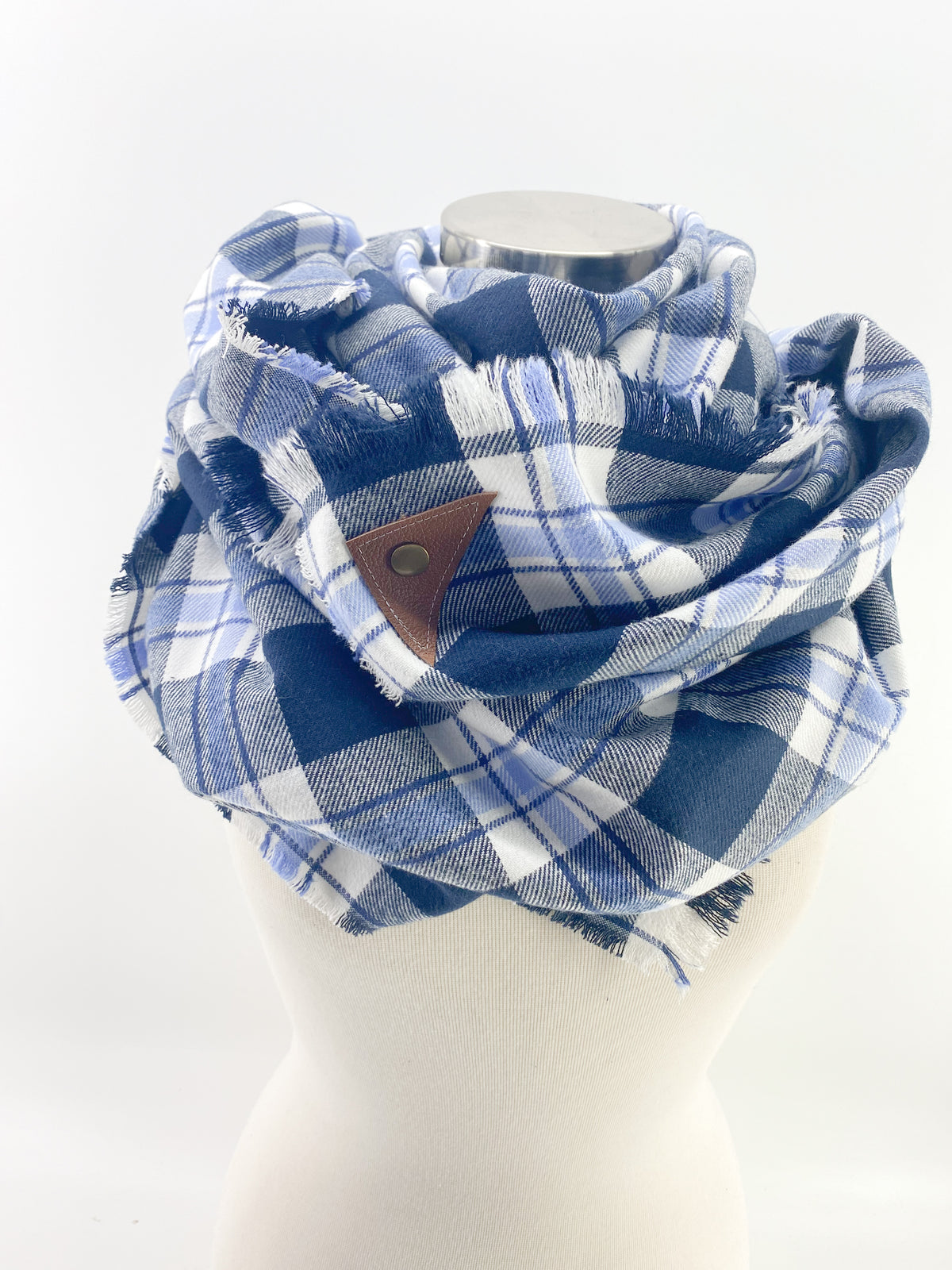 Navy & Light Blue Plaid Blanket Scarf with Leather Detail