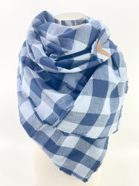 Navy & Blue Buffalo Check Blanket Scarf with Leather Detail