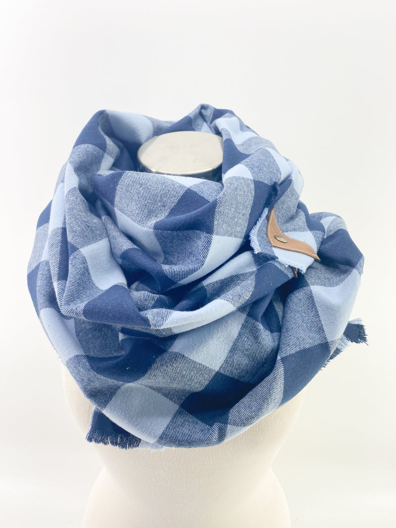 Navy & Blue Buffalo Check Blanket Scarf with Leather Detail