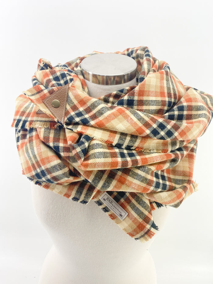 Hearty New England Plaid Blanket Scarf with Leather Detail