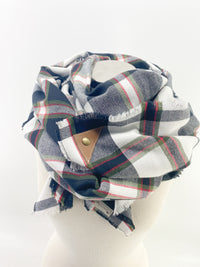 Black Green & Red Plaid Blanket Scarf with Leather Detail