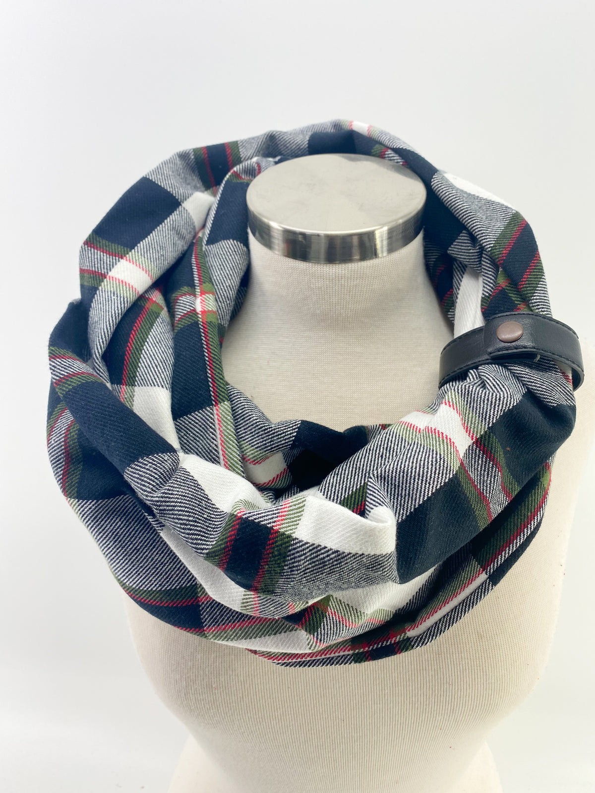 Black Green & Red Plaid Eternity Scarf with a Leather Cuff