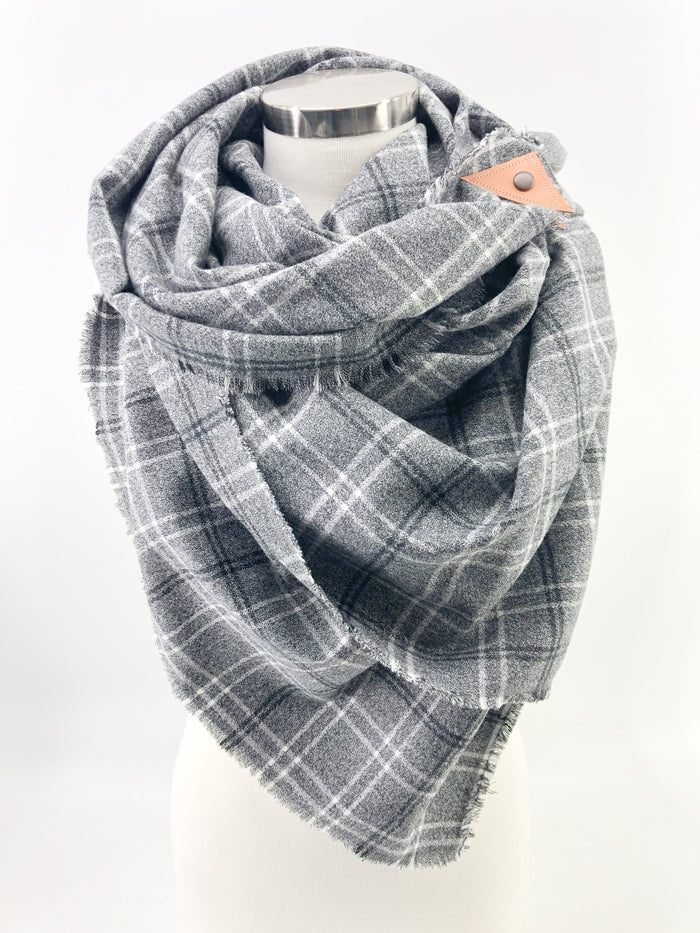 Pepper Plaid Blanket Scarf with Leather Detail