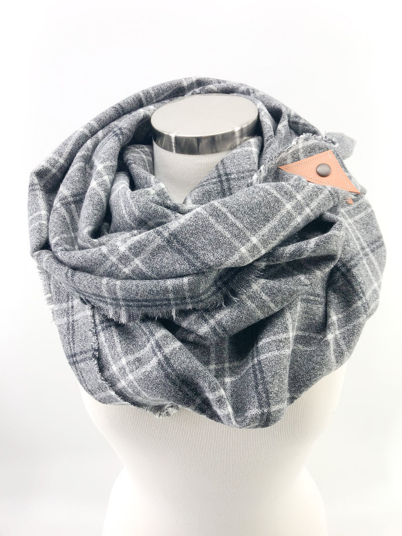 Pepper Plaid Blanket Scarf with Leather Detail