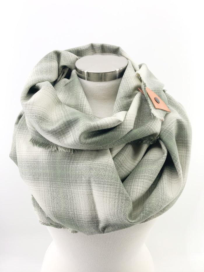 Sage Plaid Blanket Scarf with Leather Detail