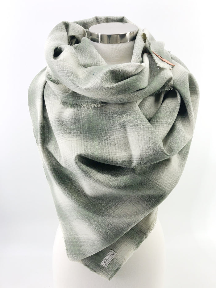 Sage Plaid Blanket Scarf with Leather Detail