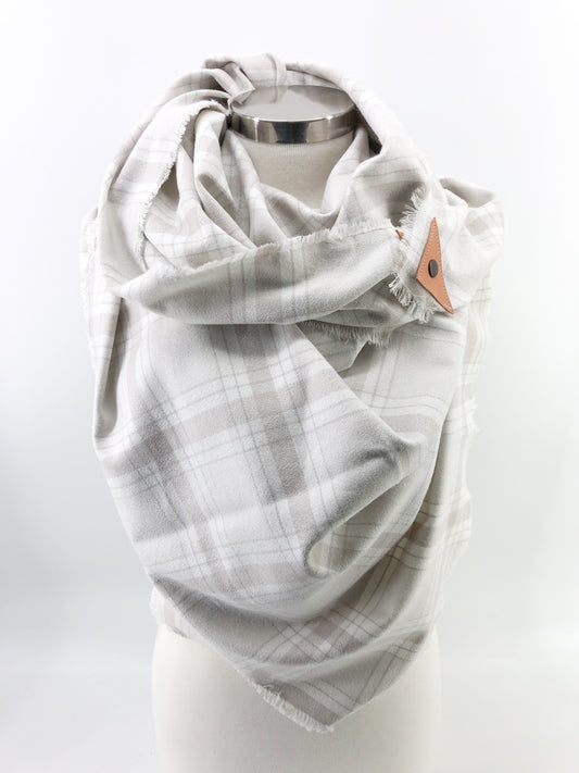 Bone Plaid Blanket Scarf with Leather Detail