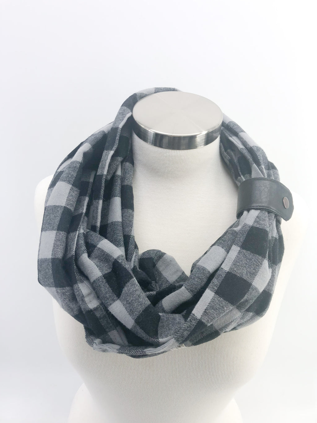 Gray & Black Buffalo Check Eternity Scarf with a Leather Cuff
