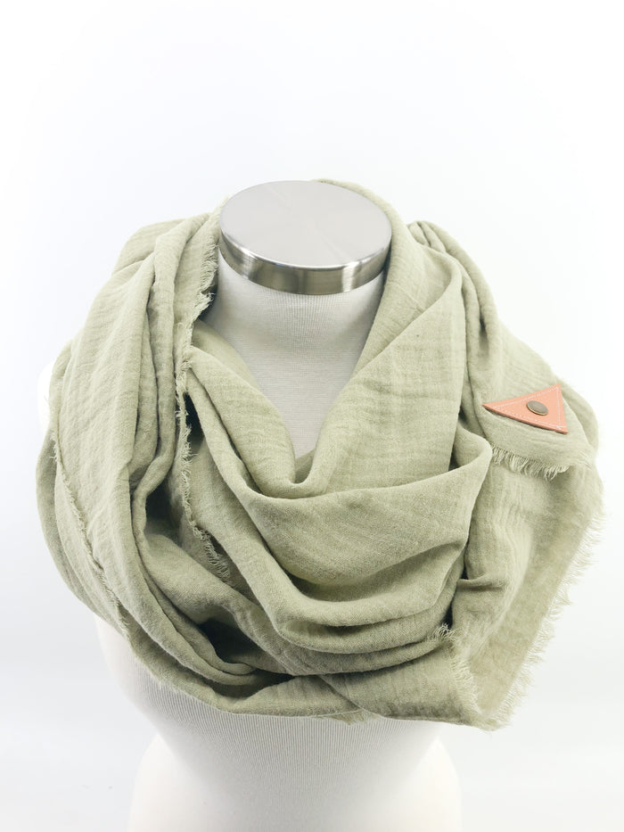 Grass Gauze Blanket Scarf with Leather Detail