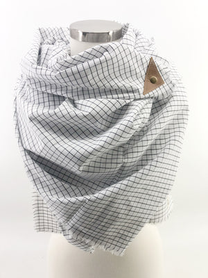 Black & White Micro Check Blanket Scarf with Leather Detail
