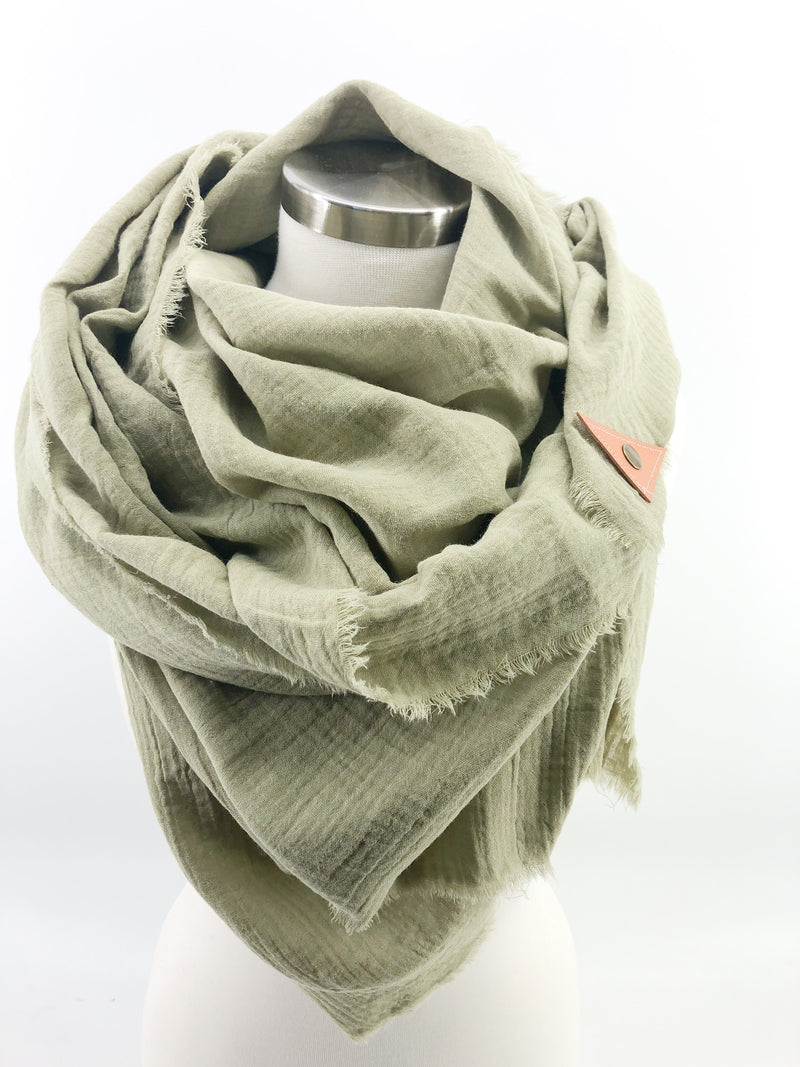 Grass Gauze Blanket Scarf with Leather Detail