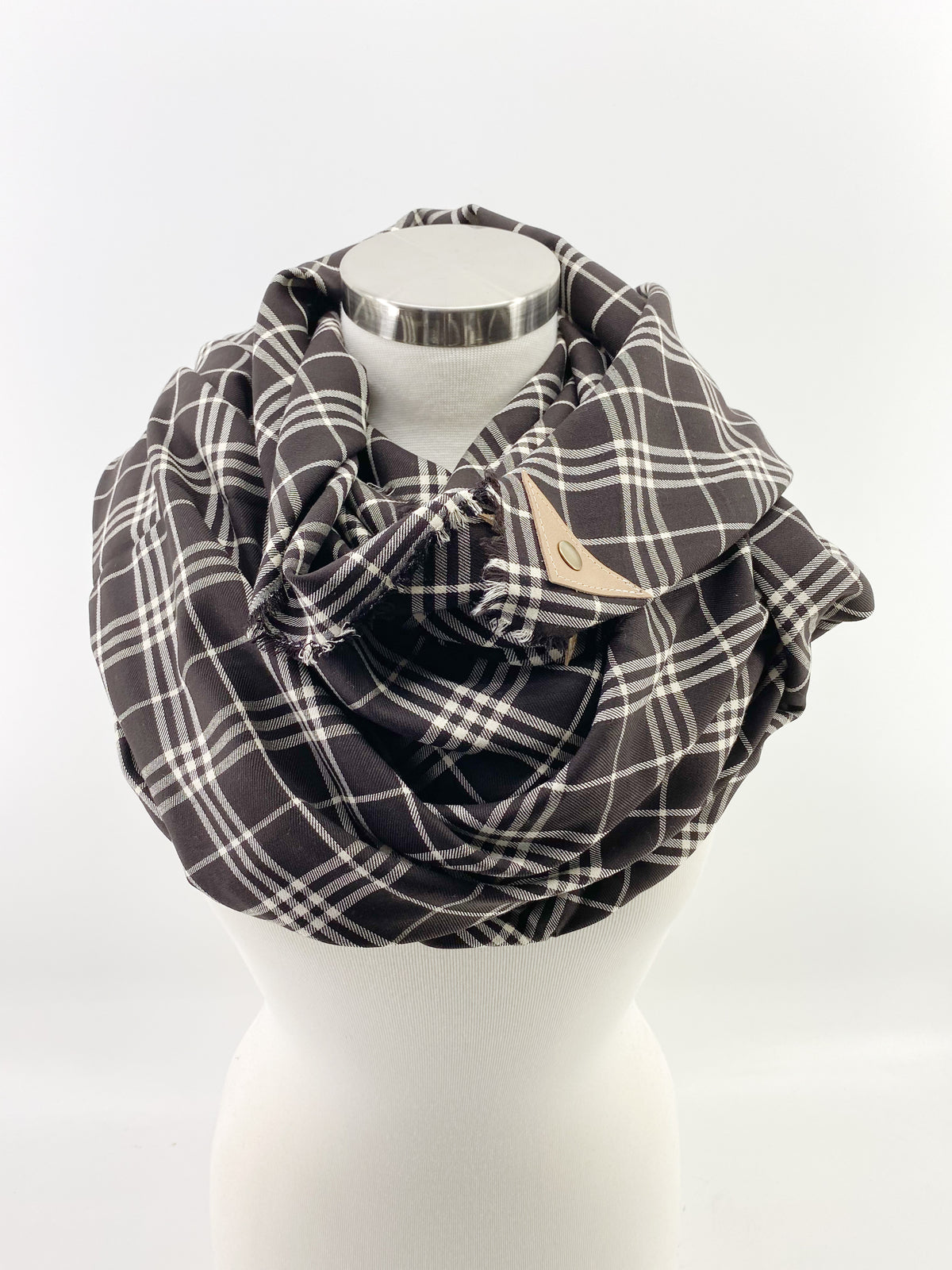 Black Plaid Blanket Scarf with Leather Detail