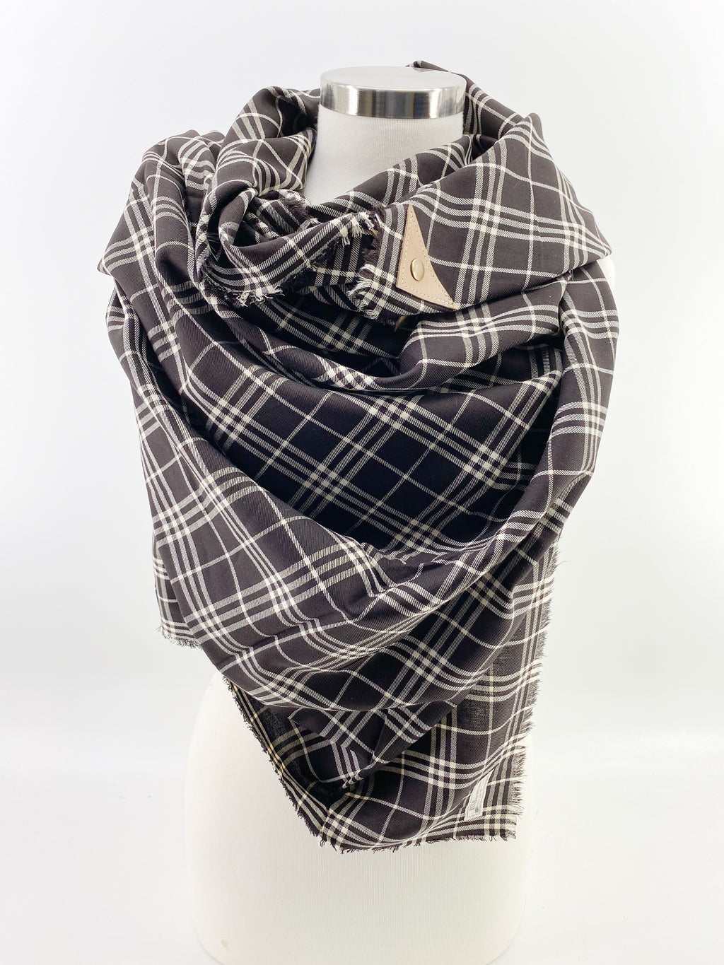 Black Plaid Blanket Scarf with Leather Detail