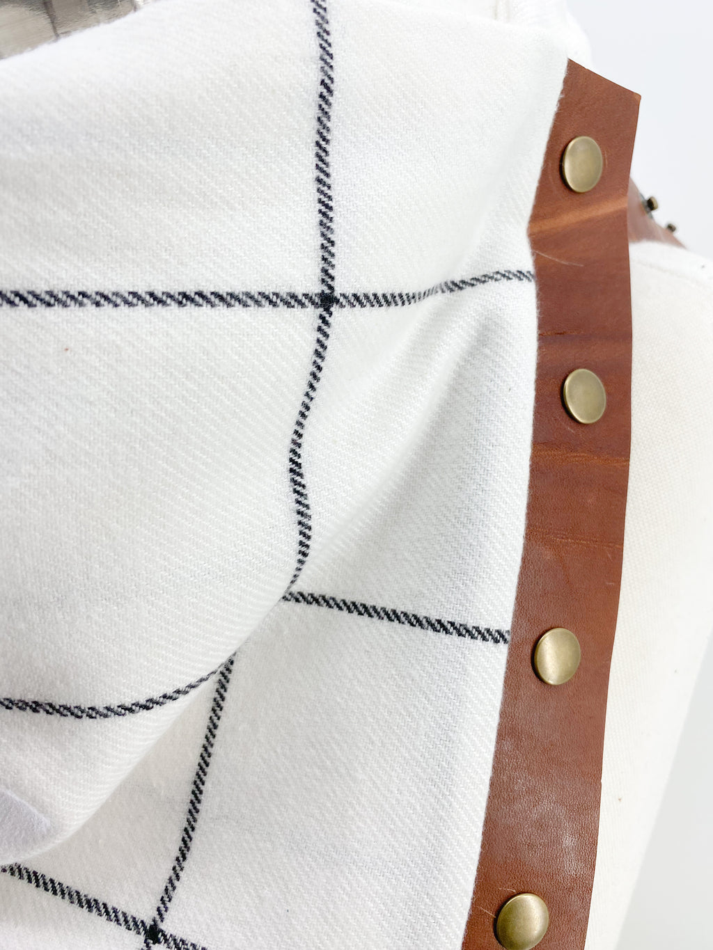 White Windowpane Multi Snap Scarf with Leather Snaps