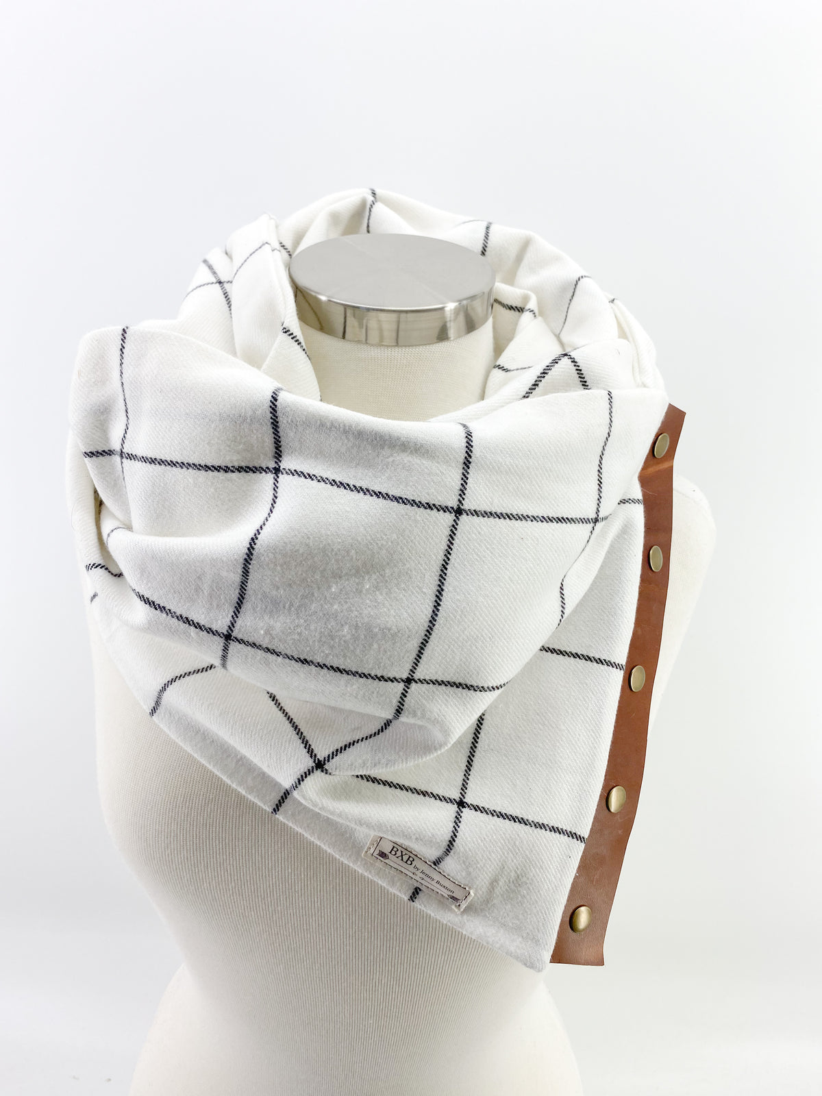 White Windowpane Multi Snap Scarf with Leather Snaps