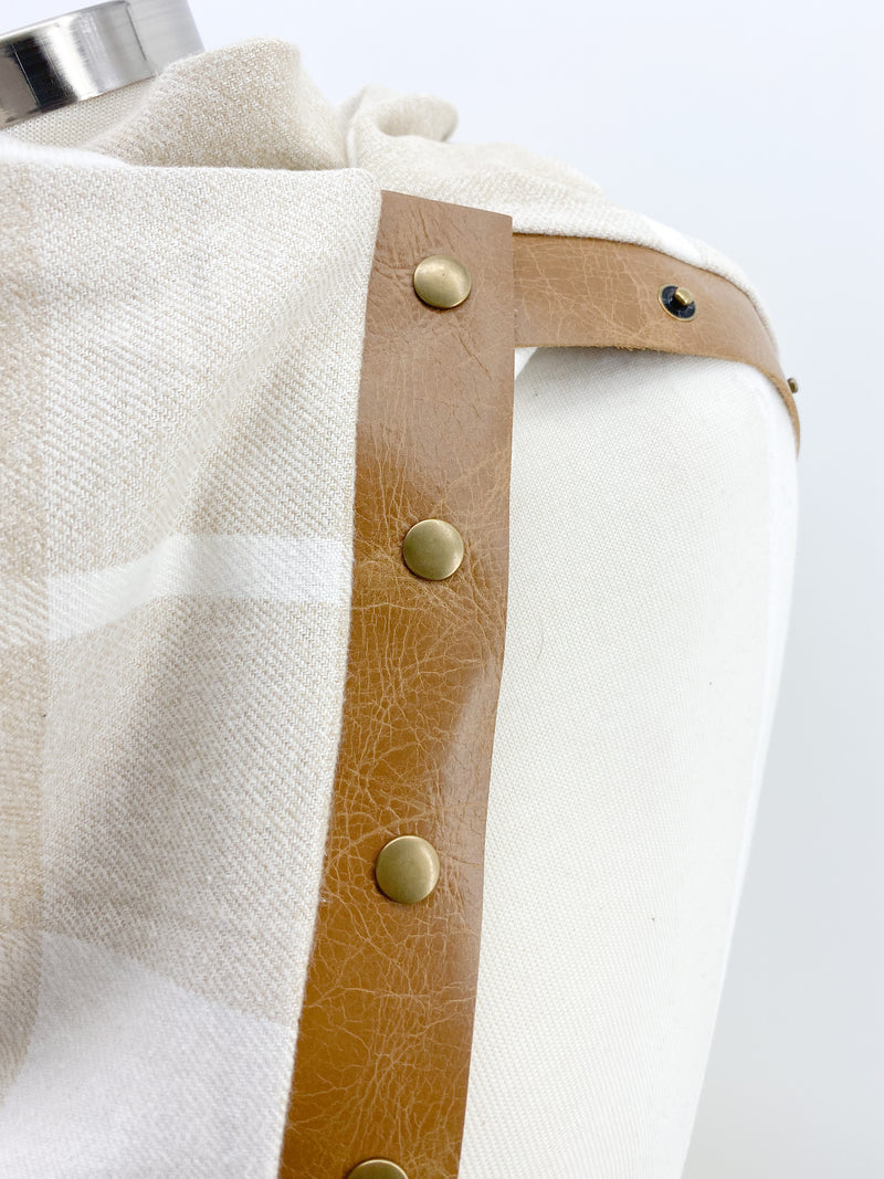 Neutral Beige Plaid Multi Snap Scarf with Leather Snaps