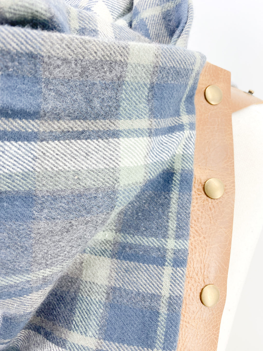 Olive & Navy Plaid Multi Snap Scarf with Leather Snaps