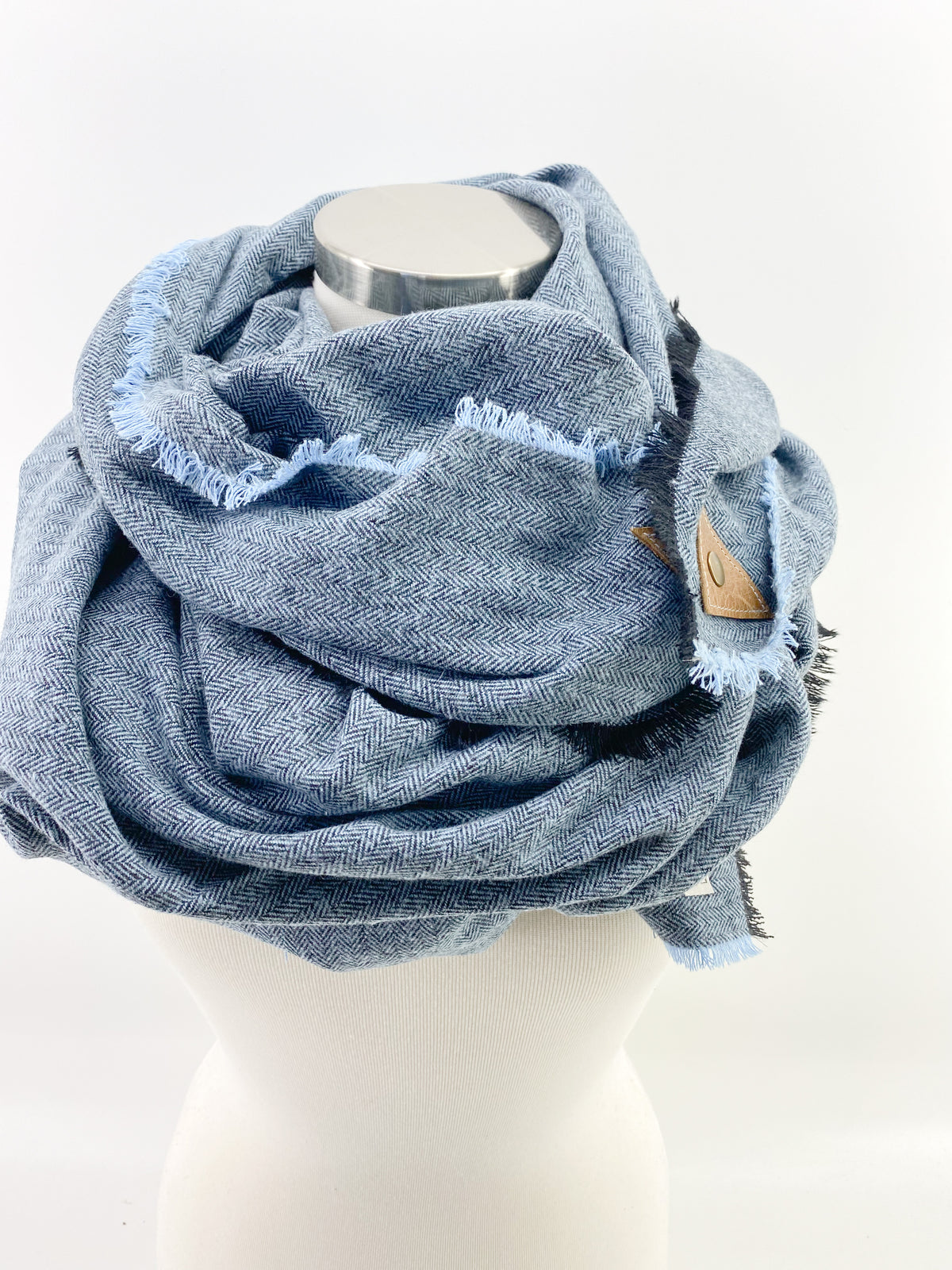 Night Blue Herringbone Blanket Scarf with Leather Detail