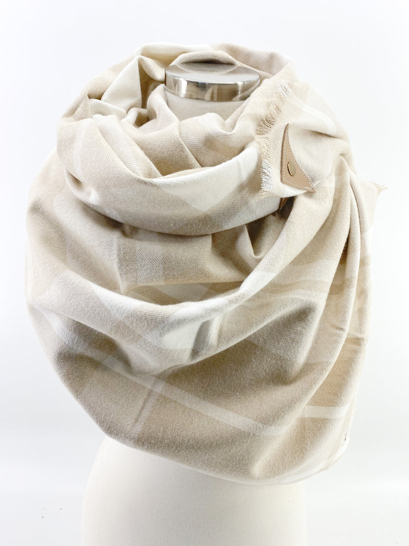 Neutral Beige Plaid Blanket Scarf with Leather Detail