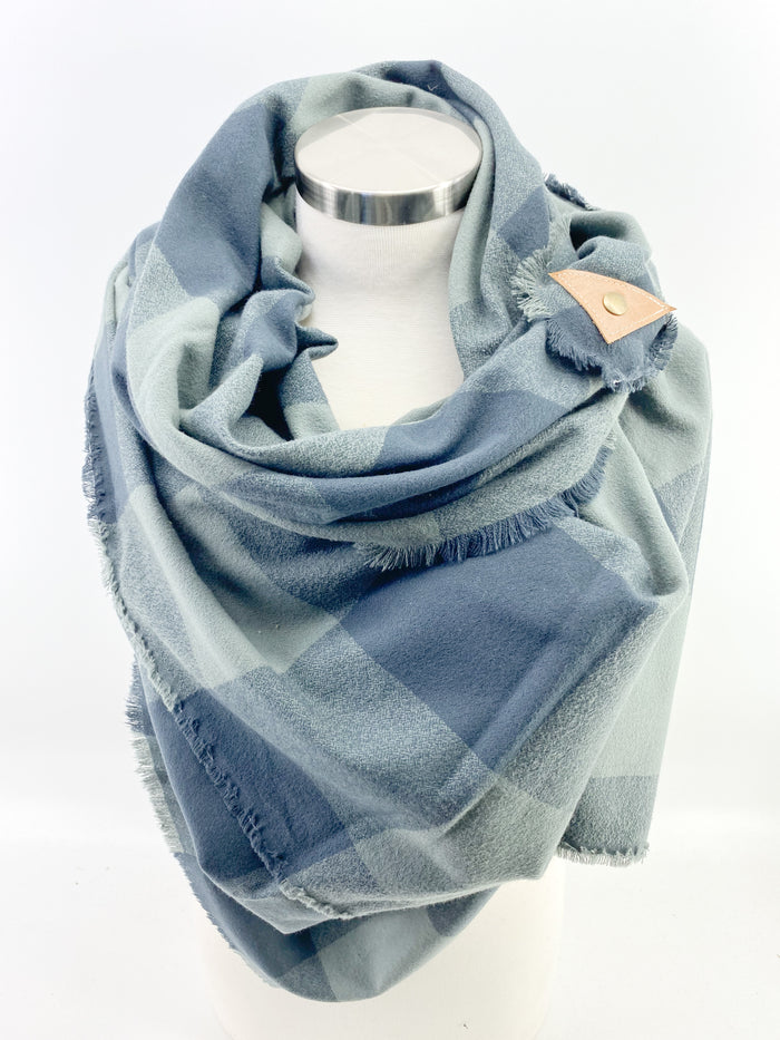 Olive & Navy Lg Buffalo Check Blanket Scarf with Leather Detail