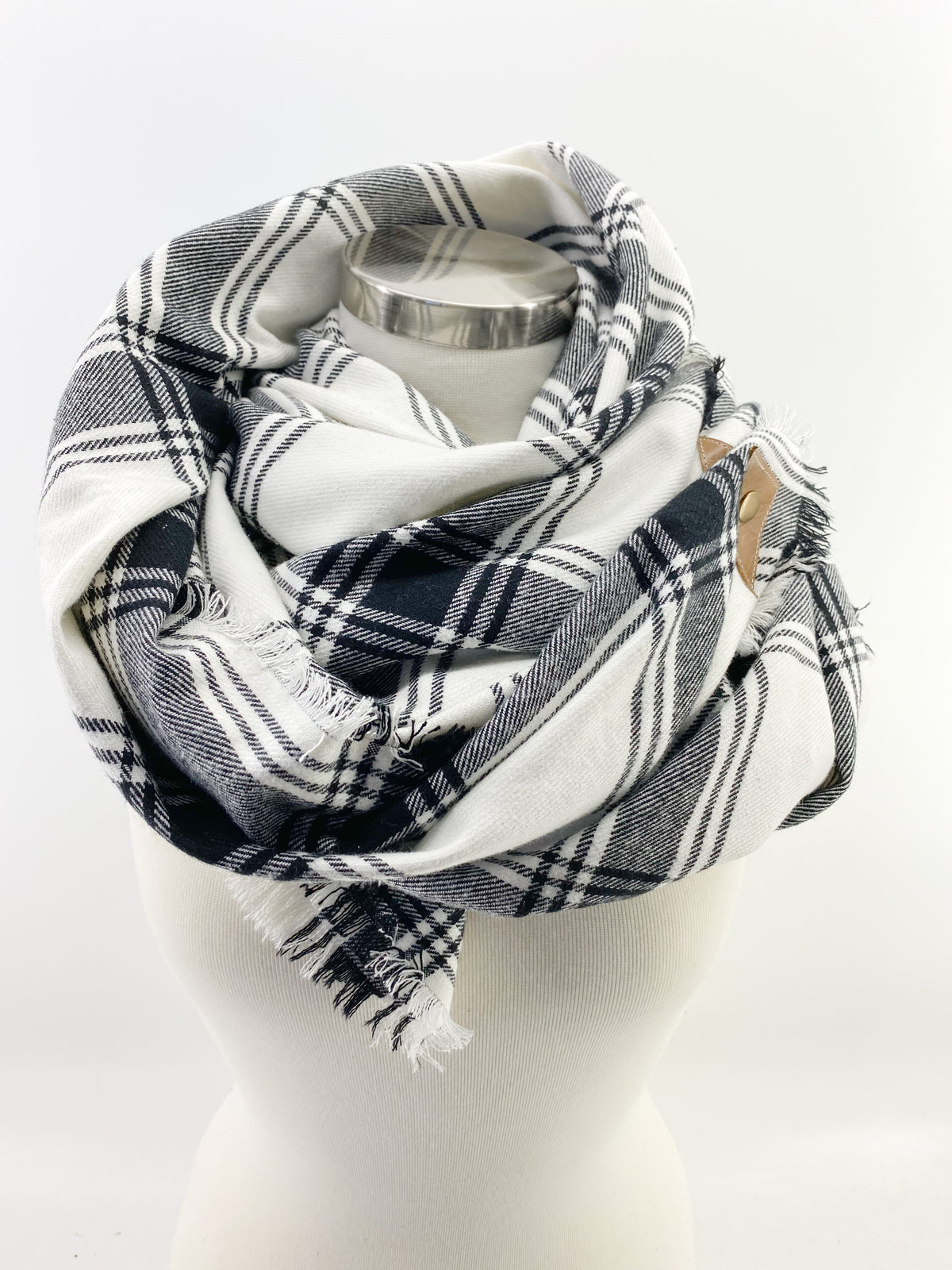 White & Black Plaid Blanket Scarf with Leather Detail