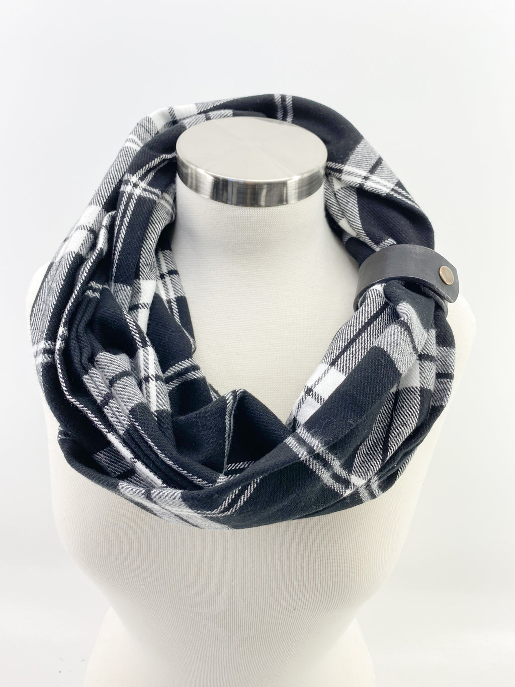 Black & White  Plaid Eternity Scarf with a Leather Cuff