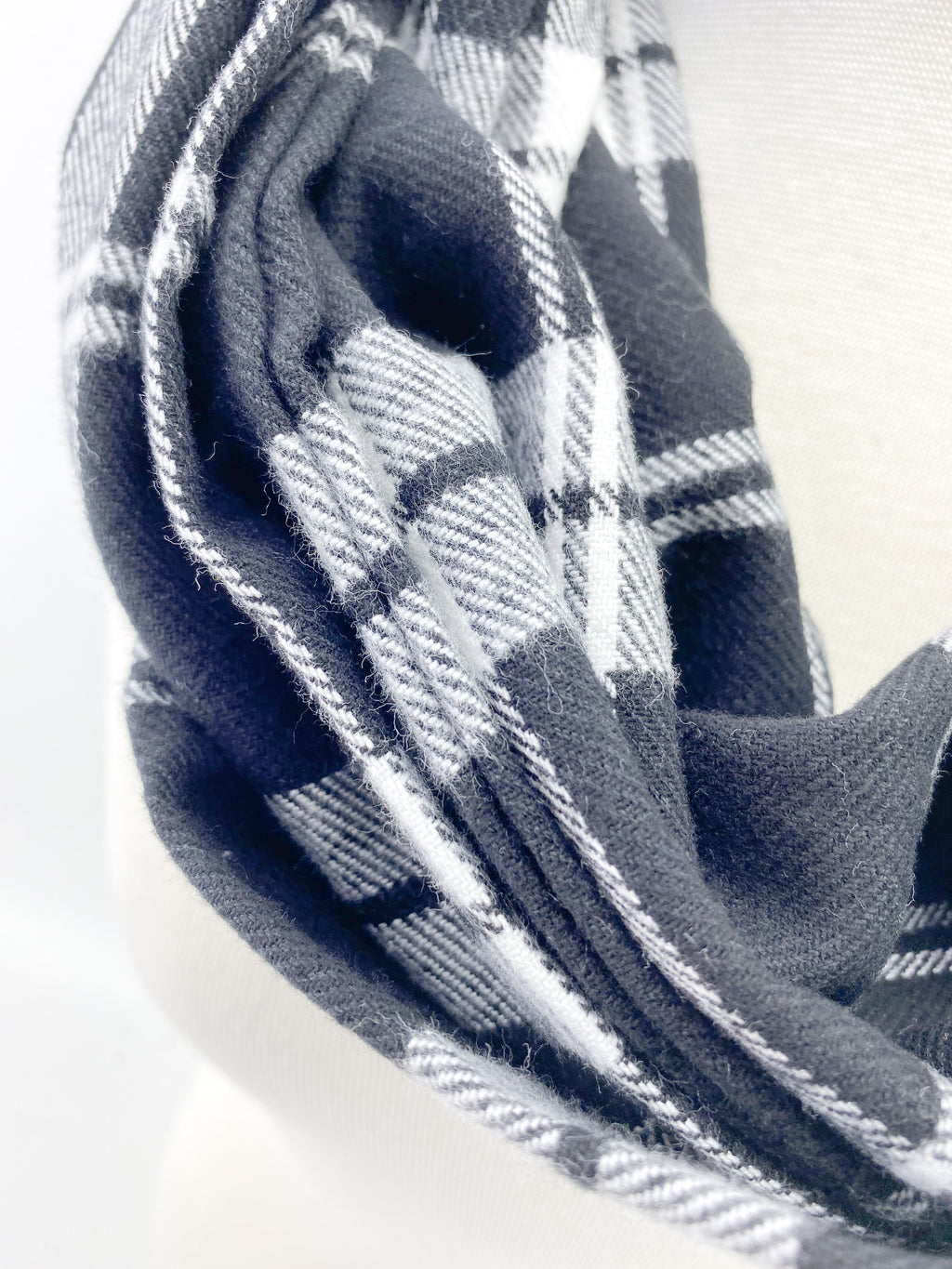Black & White  Plaid Eternity Scarf with a Leather Cuff