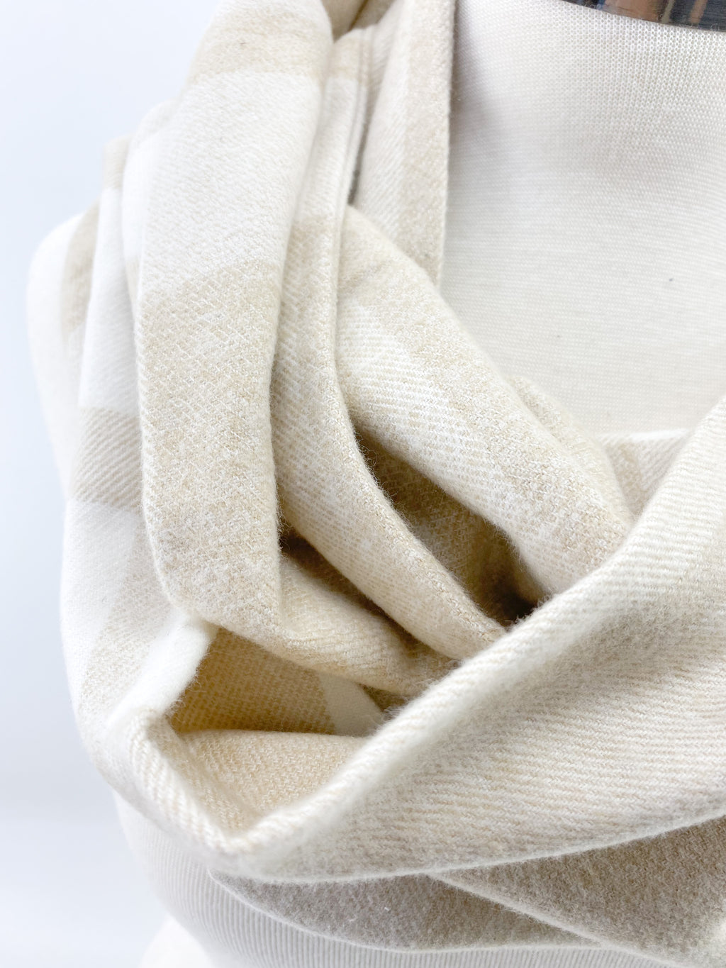 Neutral Beige Plaid Eternity Scarf with a Leather Cuff
