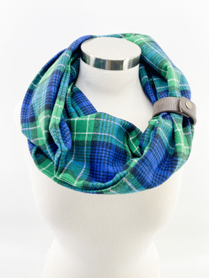 Navy & Green Classic Plaid Eternity Scarf with a Leather Cuff