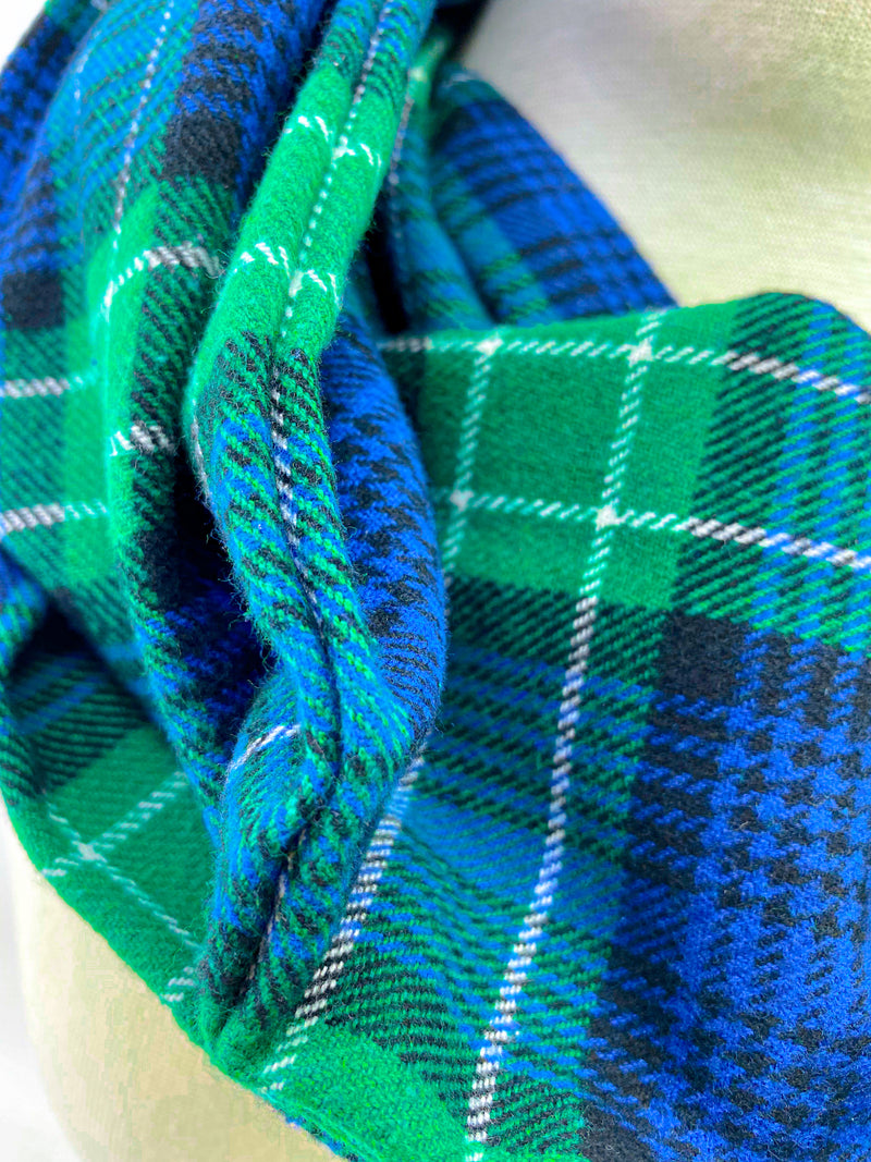 Navy & Green Classic Plaid Eternity Scarf with a Leather Cuff