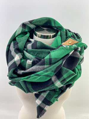 Forest Plaid Blanket Scarf with Leather Detail