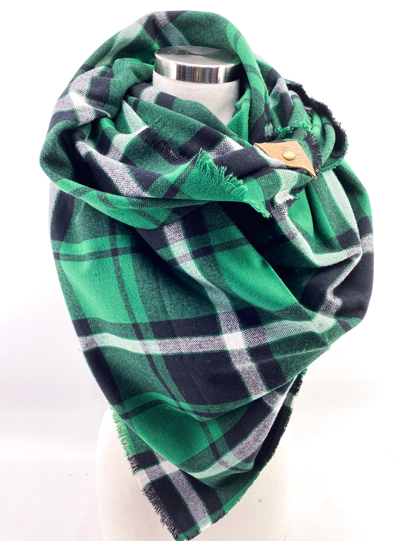 Forest Plaid Blanket Scarf with Leather Detail