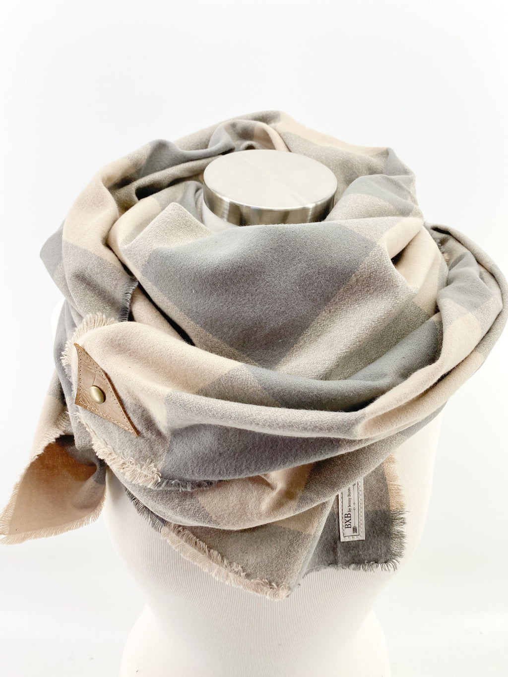 Mushroom Lg Buffalo Check Blanket Scarf with Leather Detail